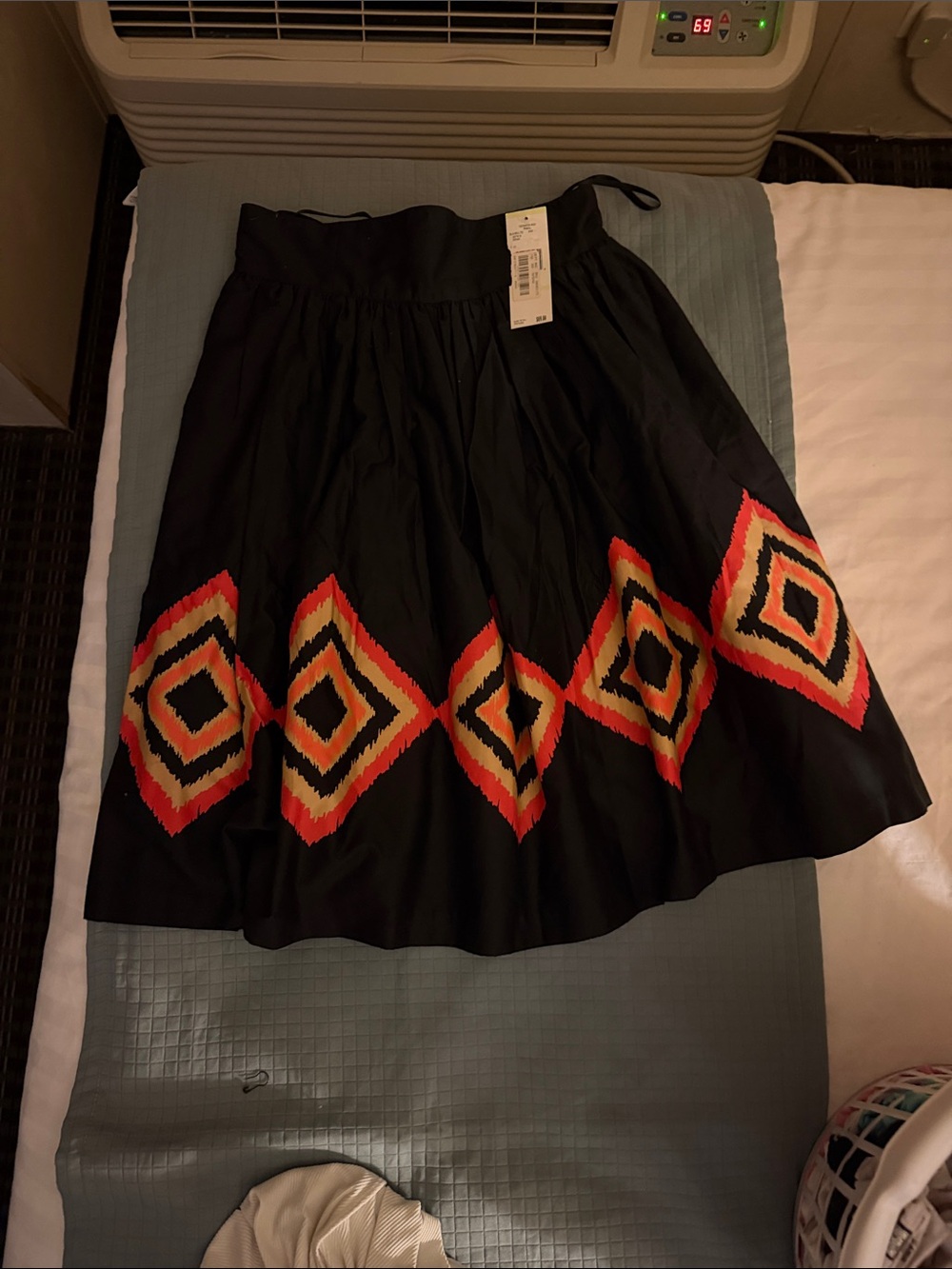 Nine West Black Midi Skirt with Red and Yellow Diamond Pattern